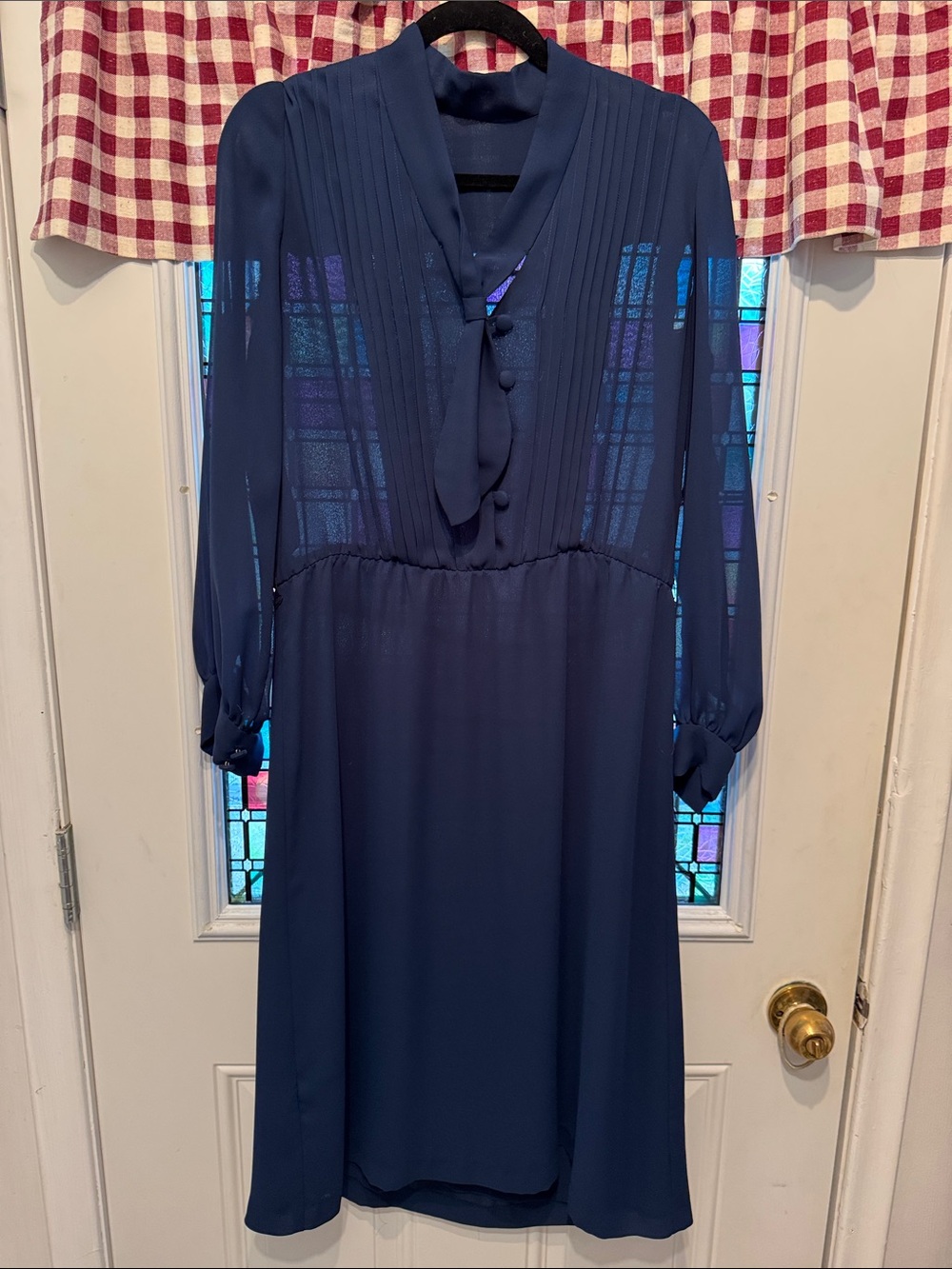 Navy Long Sleeve Pleated Tie-Neck Dress